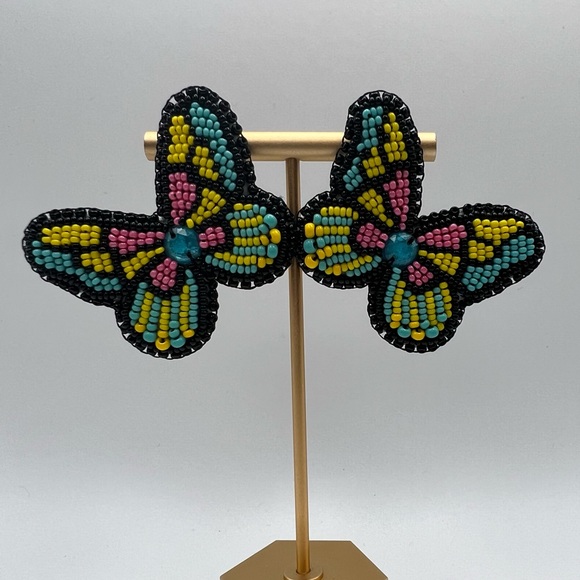 Colorful & Flirty Beaded Embroidery Butterfly -Cute Statement Butterfly Earrings - Picture 7 of 7